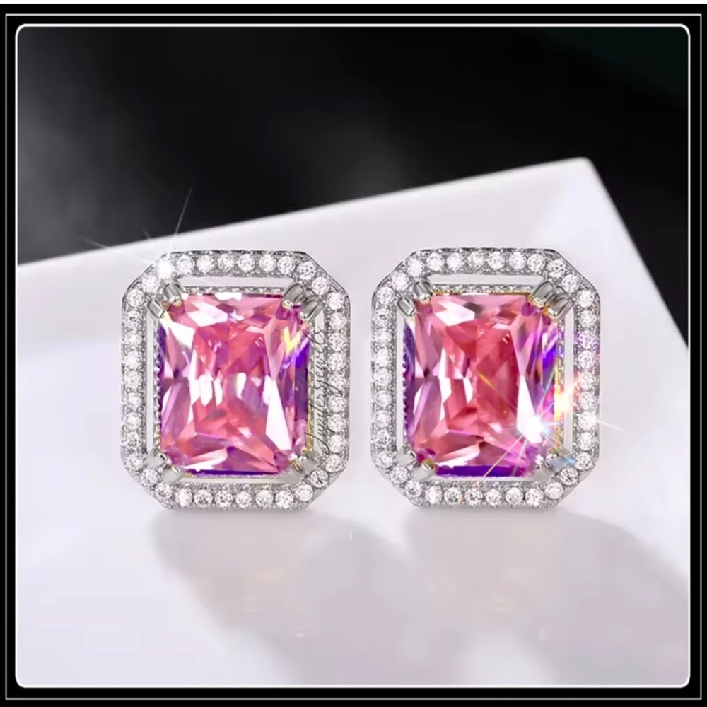Clearance! EMERALD SQUARE PRINCESS PINK SAPPHIRE AMETHYST DIAMOND EARRINGS